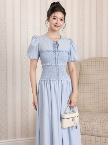  Đầm midi mocking tay phồng 