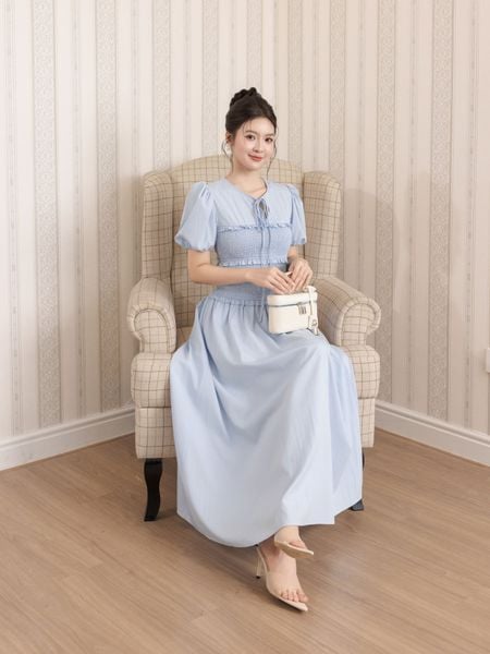  Đầm midi mocking tay phồng 