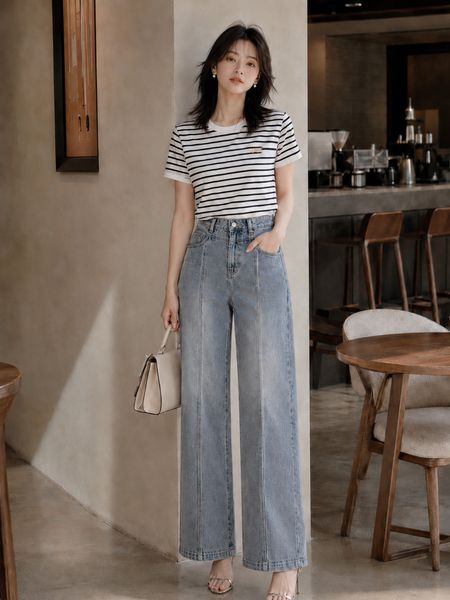  Quần Jean ống rộng phối mảnh diễu chỉ nổi 
