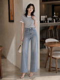  Quần Jean ống rộng phối mảnh diễu chỉ nổi 