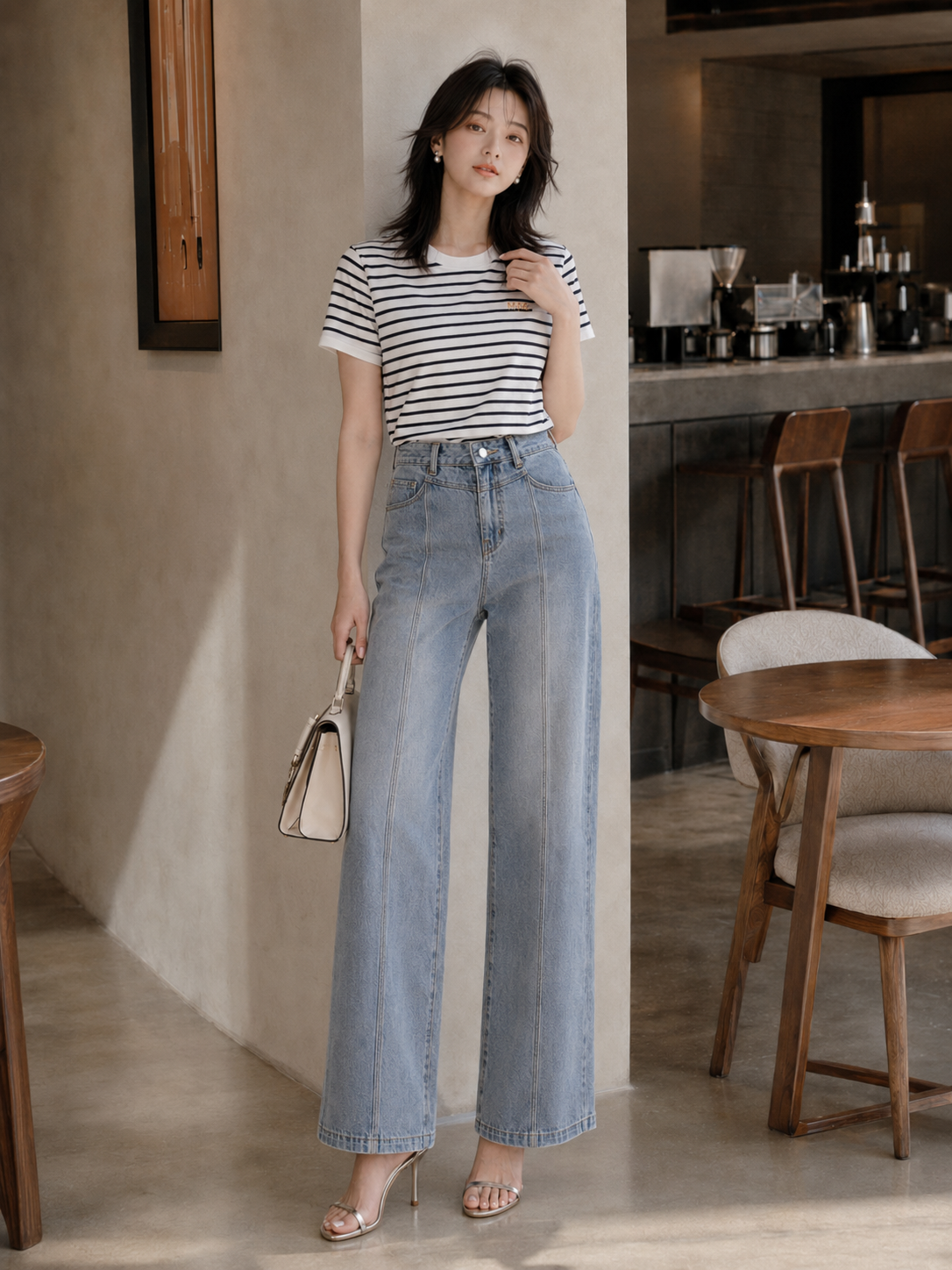 Quần Jean ống rộng phối mảnh diễu chỉ nổi 