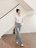  Quần Jean ống rộng phối mảnh diễu chỉ nổi 