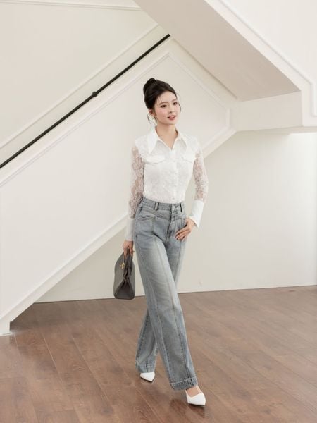 Quần Jean ống rộng phối mảnh diễu chỉ nổi 