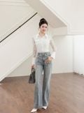  Quần Jean ống rộng phối mảnh diễu chỉ nổi 