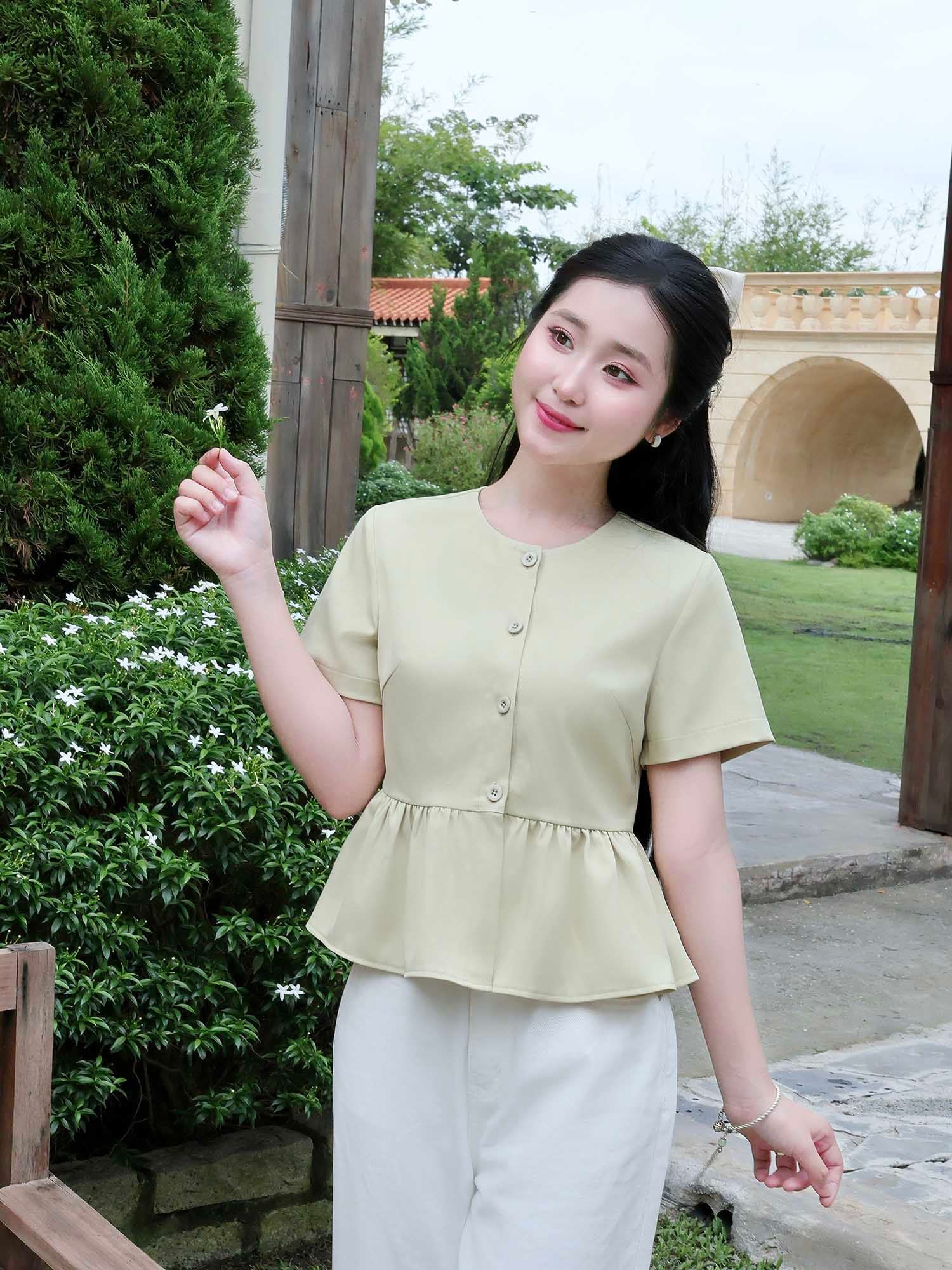  Áo cổ tròn nhún eo cơ bản 