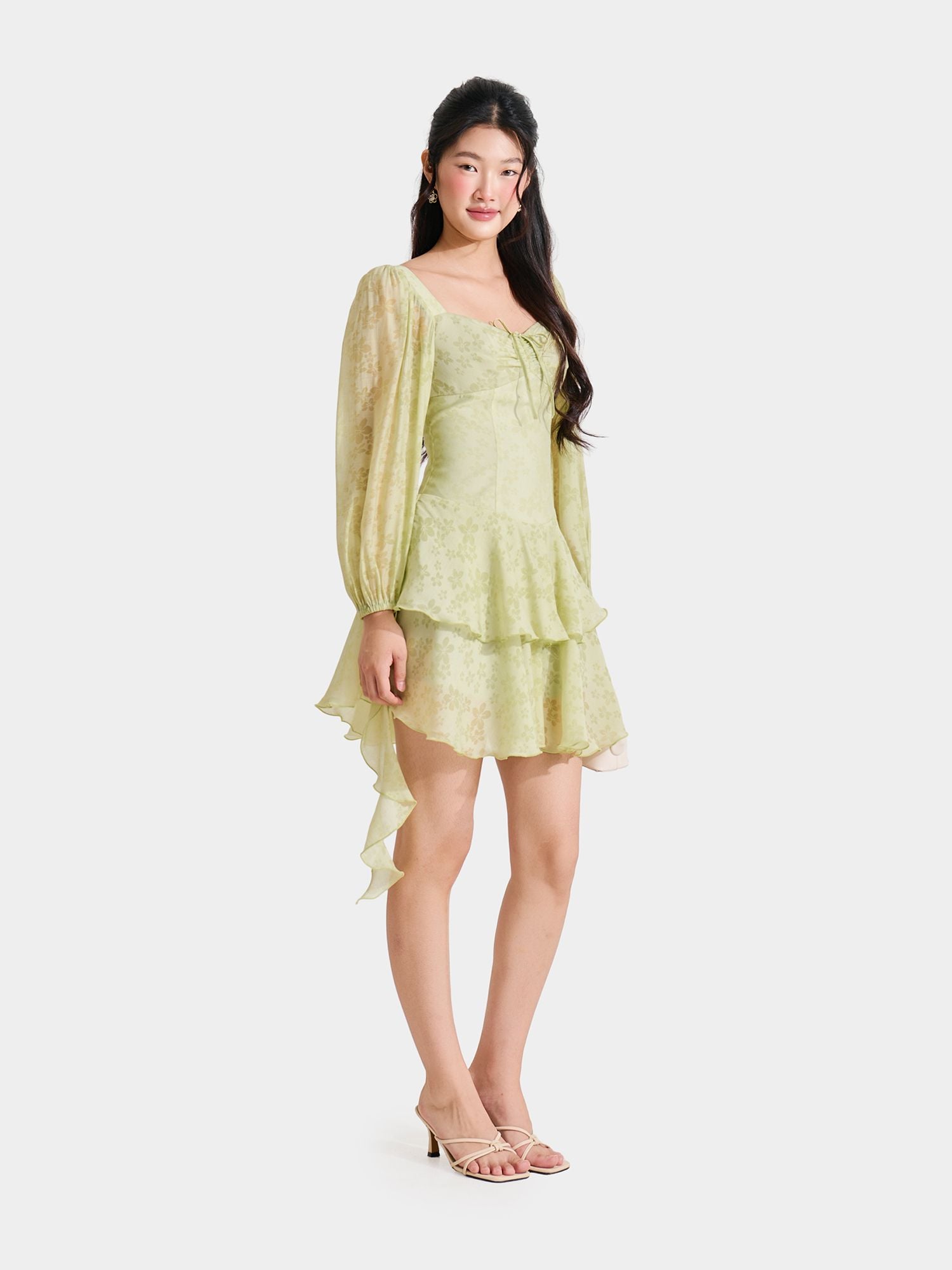  Đầm tơ dài tay nhún ngực hai tầng 