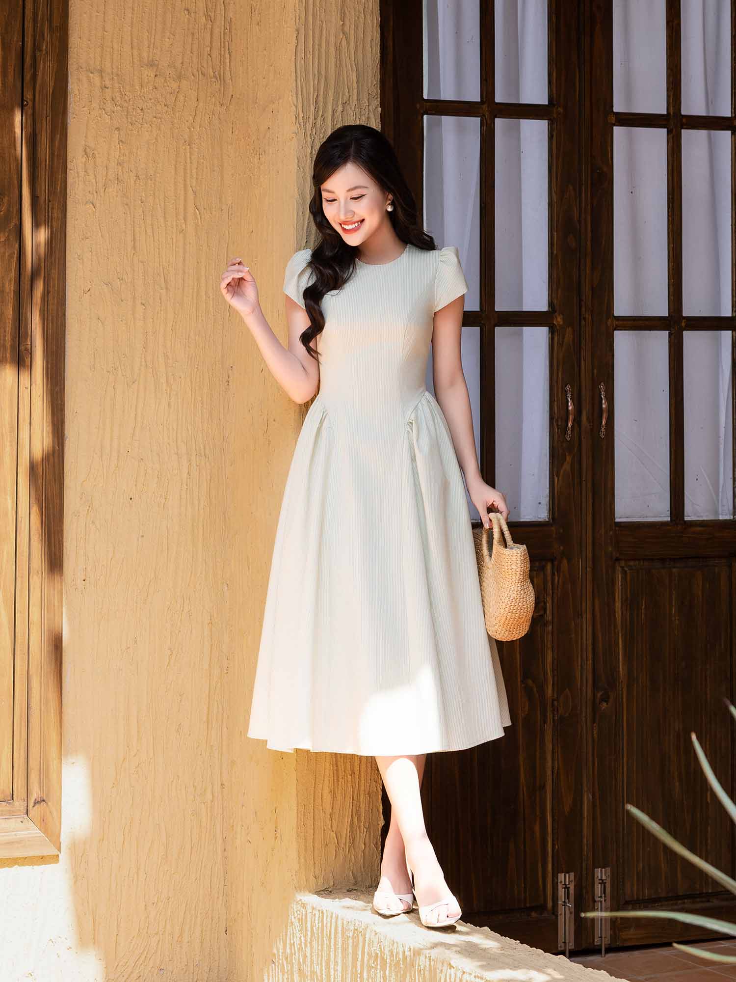 Đầm midi sọc nhún tùng