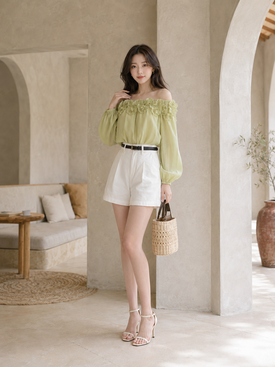 Áo kiểu tơ bẹt vai nhún bèo