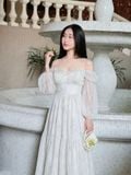  Đầm midi voan hoa tay phồng dài 