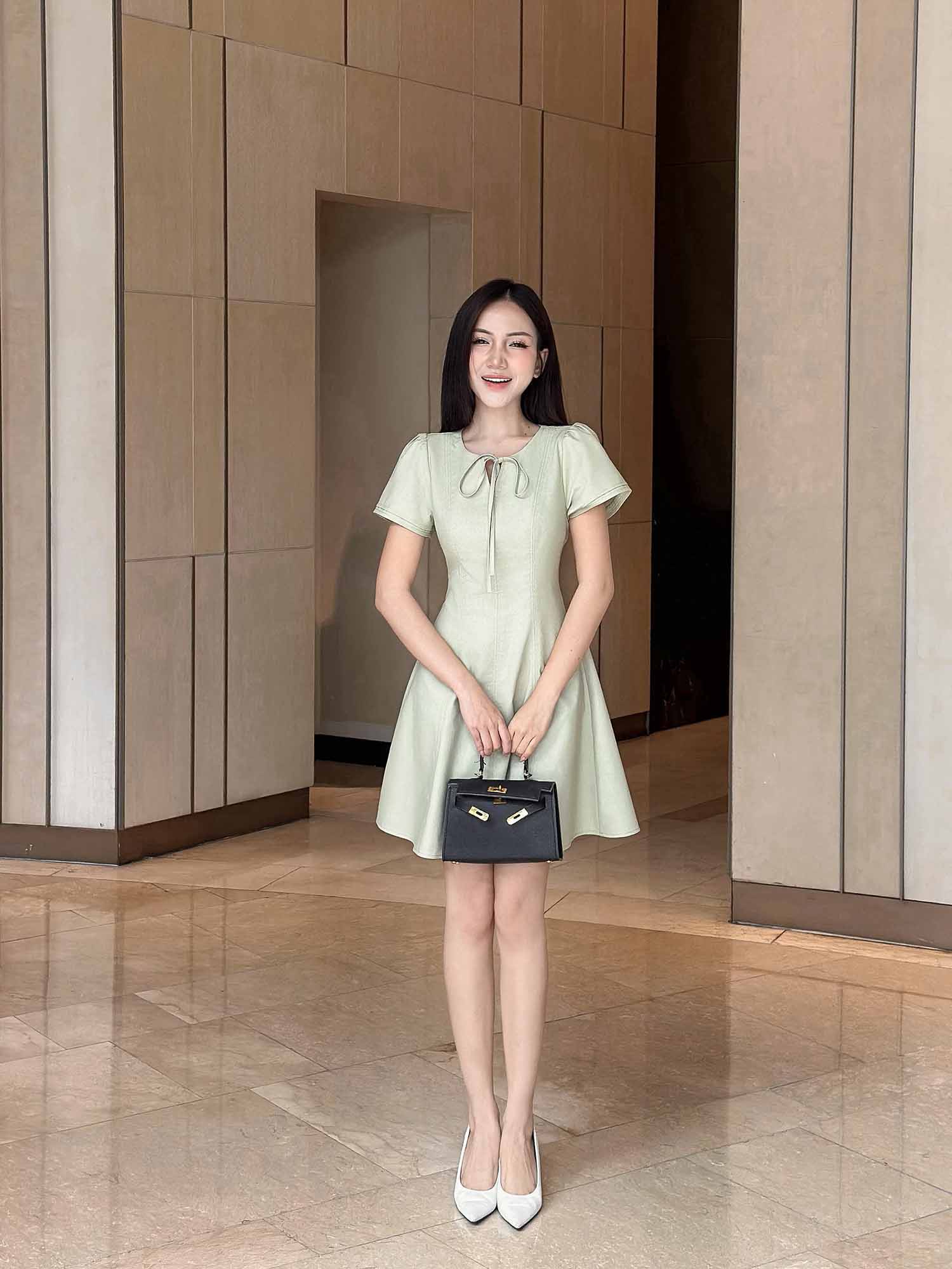 Đầm mini Linen cổ giọt nước thắt nơ