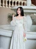  Đầm midi voan hoa tay phồng dài 