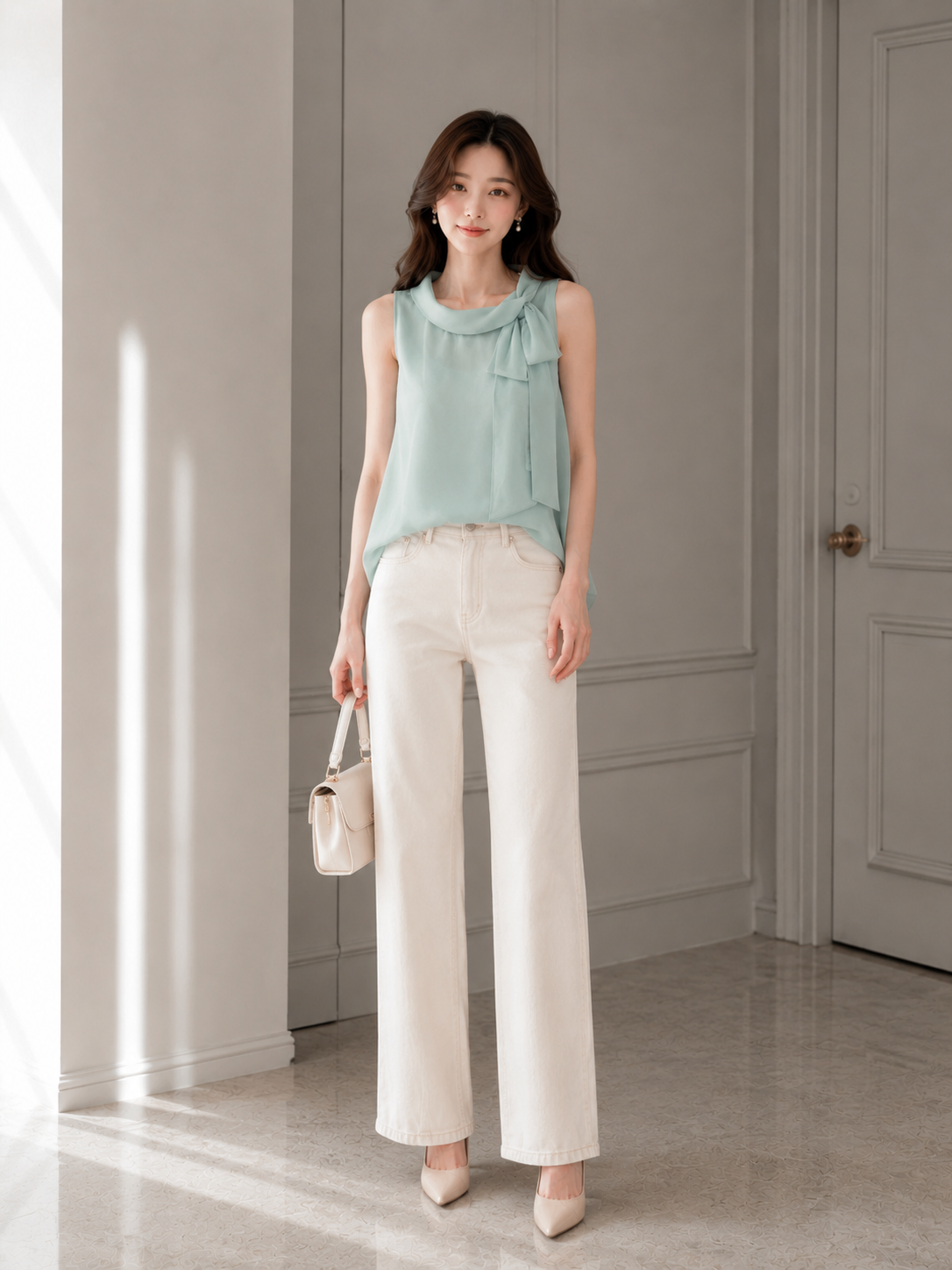  Áo kiểu voan cổ phối nơ 