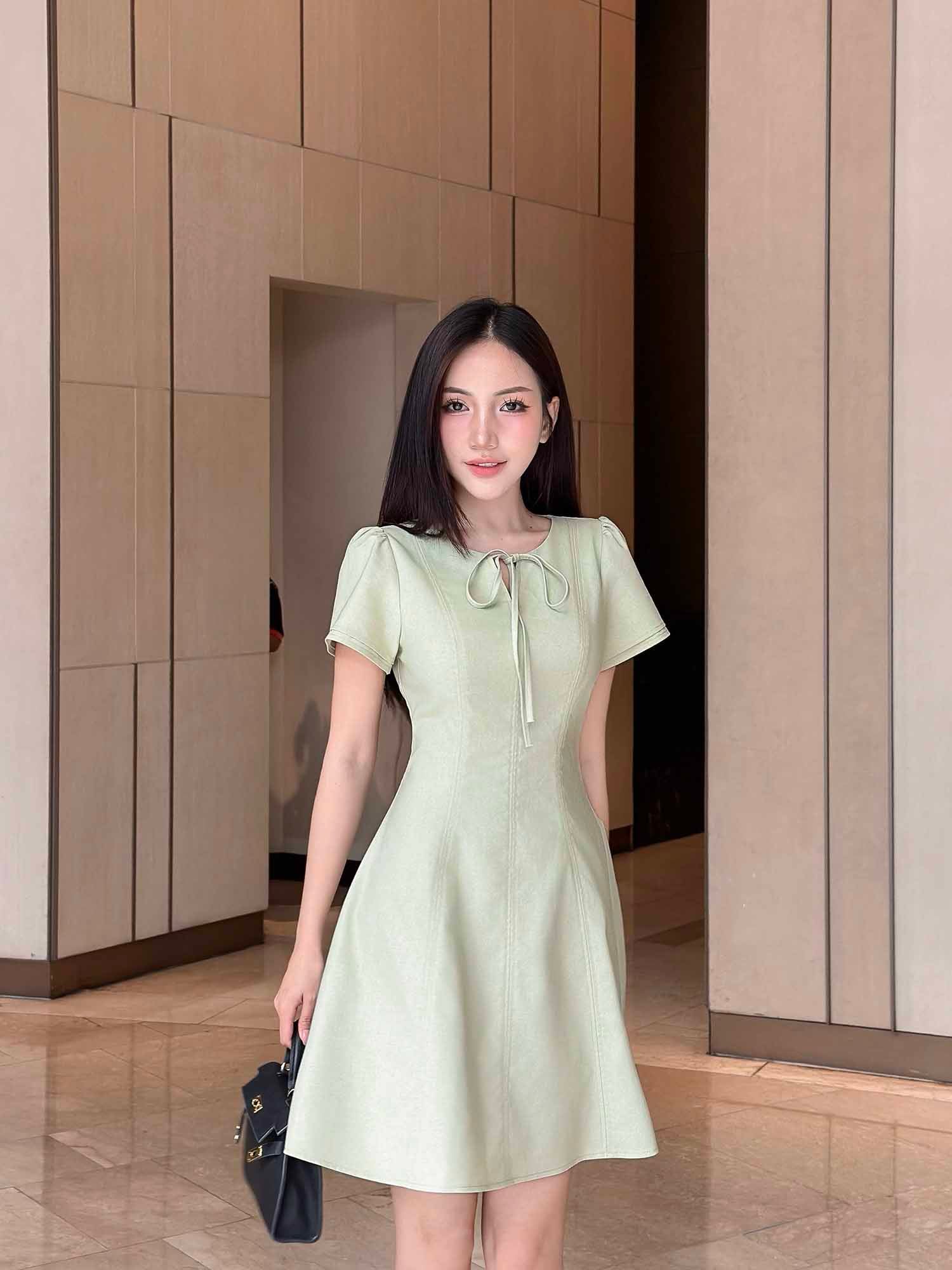 Đầm mini Linen cổ giọt nước thắt nơ