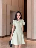  Đầm mini Linen cổ giọt nước thắt nơ 