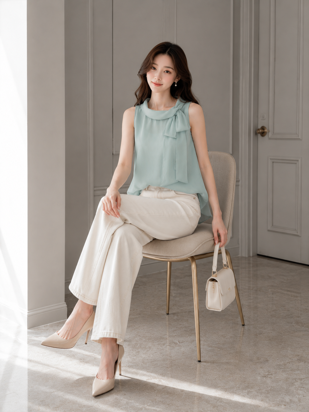  Áo kiểu voan cổ phối nơ 