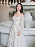  Đầm midi voan hoa tay phồng dài 