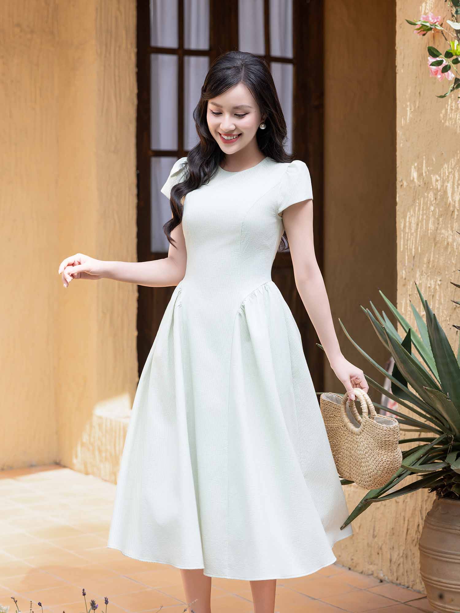 Đầm midi sọc nhún tùng