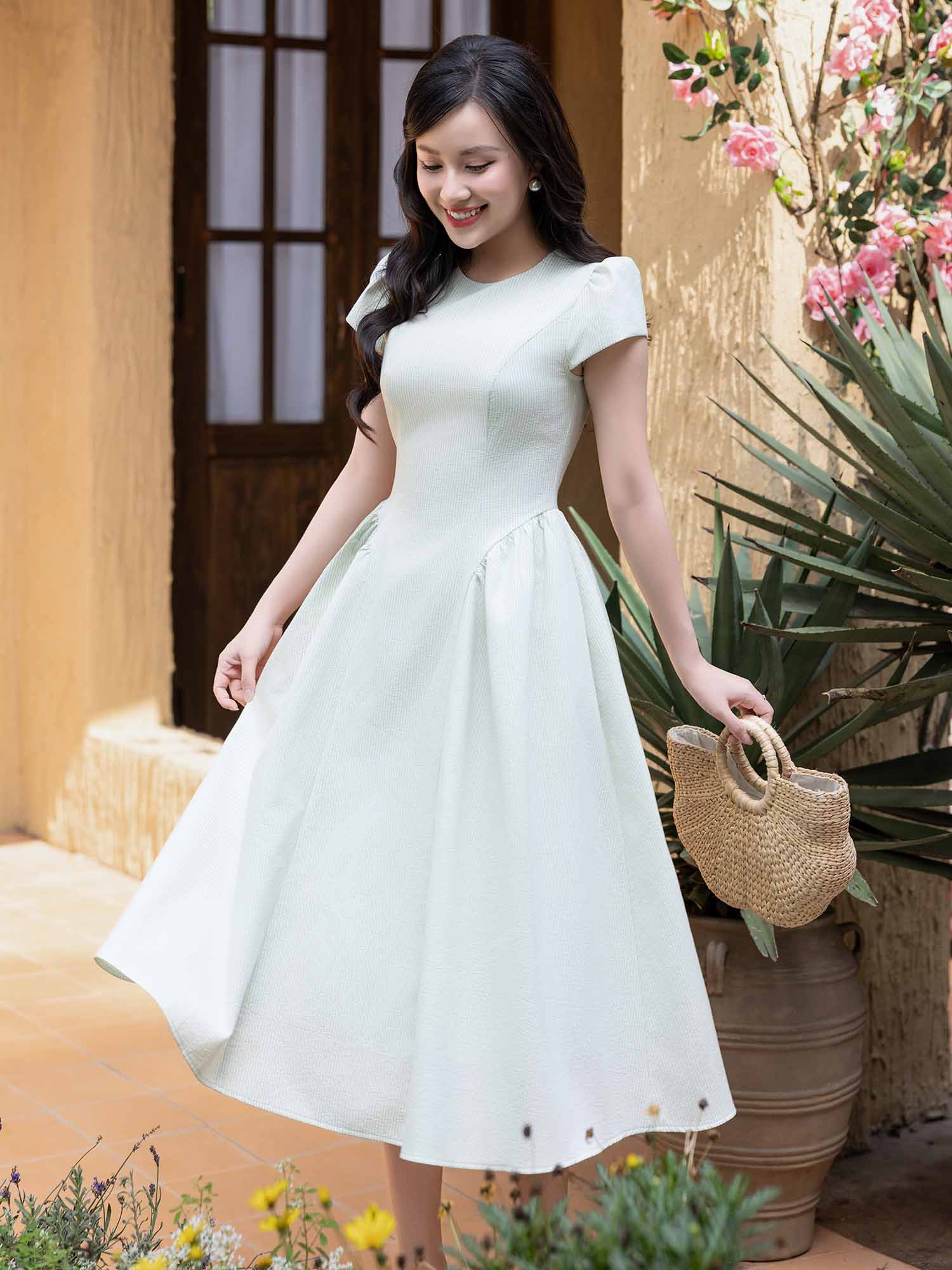 Đầm midi sọc nhún tùng