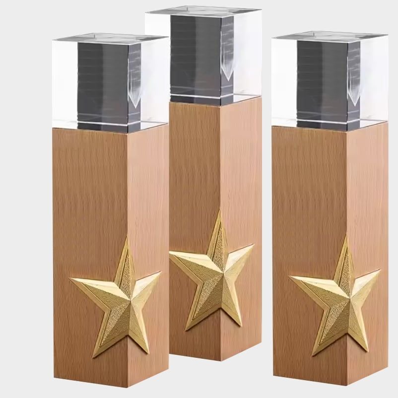 cúp gỗ sao kim loại