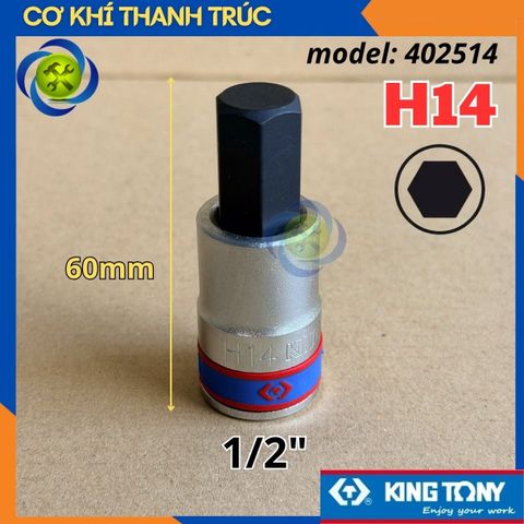 Tuýp Lục Giác H14 Đầu Vuông 1/2 Kingtony 402514 dài 60mm 6 Cạnh Thép CR-V