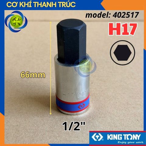 Tuýp Lục Giác H17 Đầu Vuông 1/2 Kingtony 402517 dài 66mm 6 Cạnh Thép CR-V