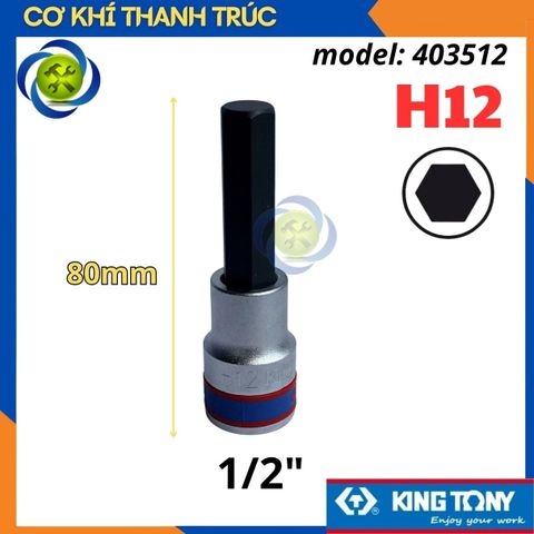 Tuýp Lục Giác H12 Đầu Vuông 1/2 Kingtony 403512 dài 80mm 6 Cạnh Thép CR-V