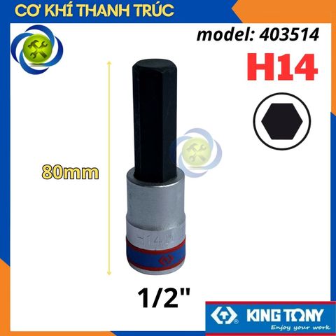 Tuýp Lục Giác H14 Đầu Vuông 1/2 Kingtony 403514 dài 80mm 6 Cạnh Thép CR-V