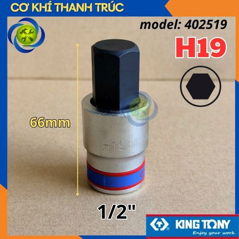 Tuýp Lục Giác H19 Đầu Vuông 1/2 Kingtony 402519 dài 60mm 6 Cạnh Thép CR-V