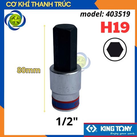 Tuýp Lục Giác H19 Đầu Vuông 1/2 Kingtony 403519 dài 80mm 6 Cạnh Thép CR-V