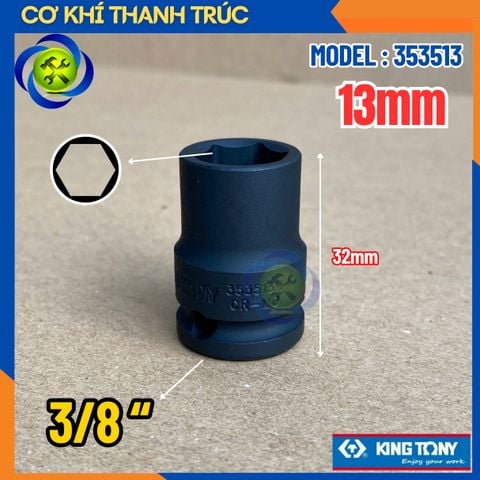 Tuýp 13mm Đầu Vuông 3/8 Kingtony 353513M Dài 32mm 6 Cạnh Thép CR-MO