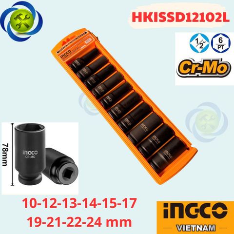 Bộ Tuýp Đen Dài INGCO HKISSD12102L loại 12 Inch Có 10 Chi Tiết (10 - 24mm) Thép CR-MO