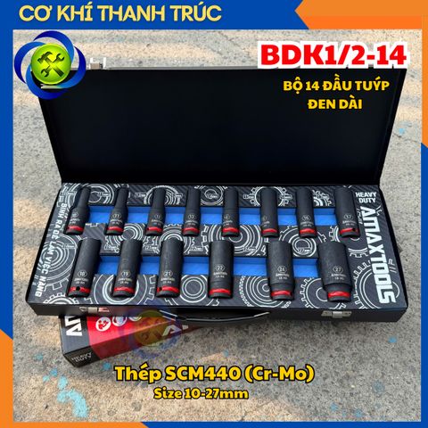 Bộ 14 Đầu Tuýp Đen Dài Amaxtools BDK1/2-14 size 10-27mm Thép SCM440 (Cr-Mo)