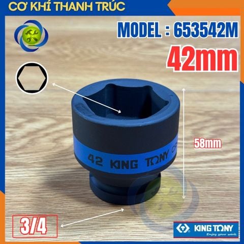Tuýp 42mm Đầu Vuông 3/4 Kingtony 653542M Dài 58mm 6 cạnh thép CR-MO