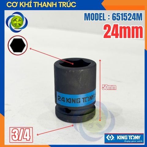 Tuýp 24mm Đầu Vuông 3/4 Kingtony 651524M Dài 50mm 6 cạnh thép CR-MO