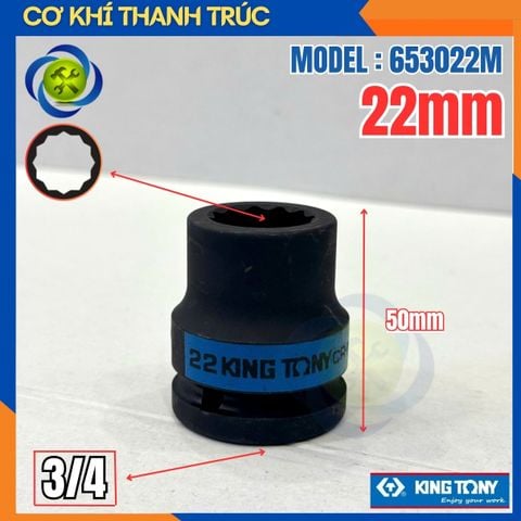 Tuýp 22mm Đầu Vuông 3/4 Kingtony 653022M Dài 50mm 12 cạnh thép CR-MO