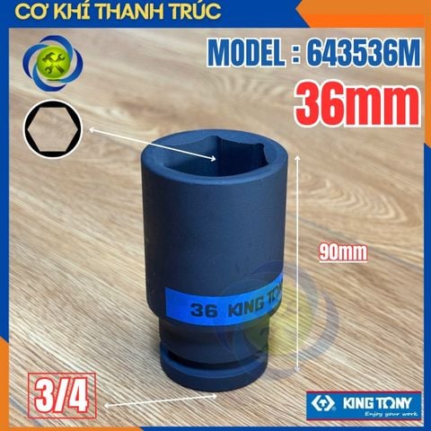 Tuýp 36mm Đầu Vuông 3/4 Kingtony 643536M Dài 90mm 6 cạnh thép CR-MO