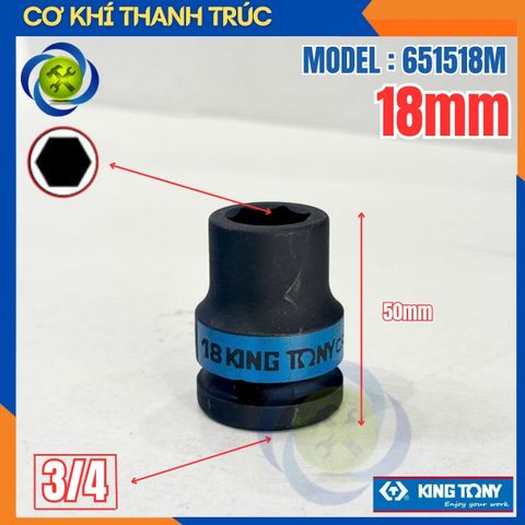 Tuýp 18mm Đầu Vuông 3/4 Kingtony 651518M Dài 50mm 6 cạnh thép CR-MO