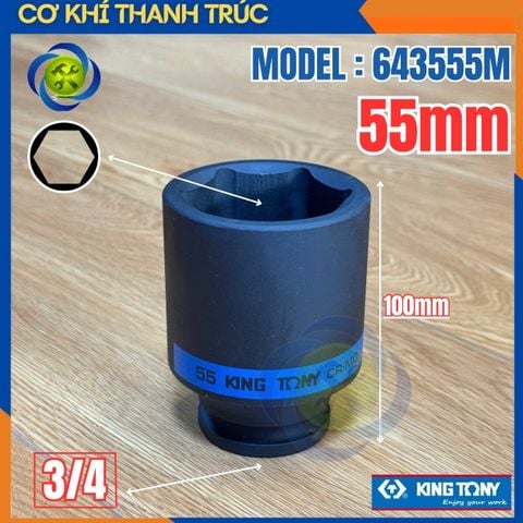 Tuýp 55mm Đầu Vuông 3/4 Kingtony 643555M Dài 100mm 6 cạnh thép CR-MO