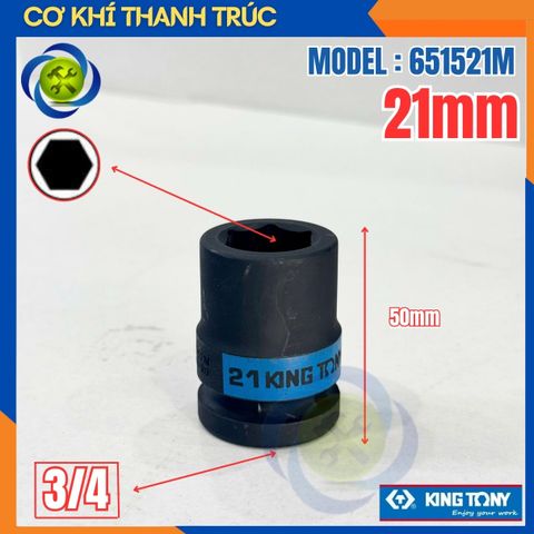 Tuýp 21mm Đầu Vuông 3/4 Kingtony 651521M Dài 50mm 6 cạnh thép CR-MO