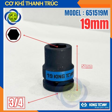 Tuýp 19mm Đầu Vuông 3/4 Kingtony 651519M Dài 50mm 6 cạnh thép CR-MO
