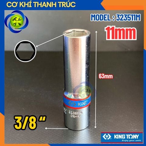Tuýp 11mm Đầu Vuông 3/8 Kingtony 323511M Dài 63mm 6 Cạnh Thép CR-V
