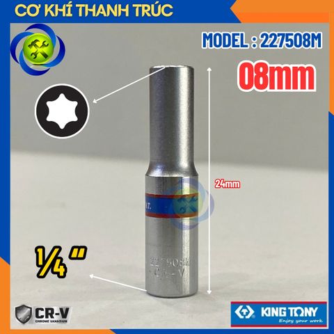 Tuýp Sao E8 Đầu Vuông 1/4 Kingtony 227508M Dài 50mm 6 Cạnh Thép Cr-V