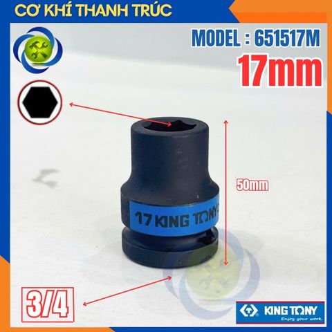Tuýp 17mm Đầu Vuông 3/4 Kingtony 651517M Dài 50mm 6 cạnh thép CR-MO