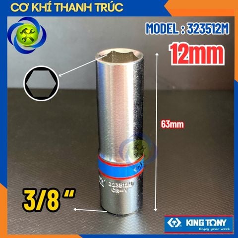 Tuýp 12mm Đầu Vuông 3/8 Kingtony 323512M Dài 63mm 6 Cạnh Thép CR-V