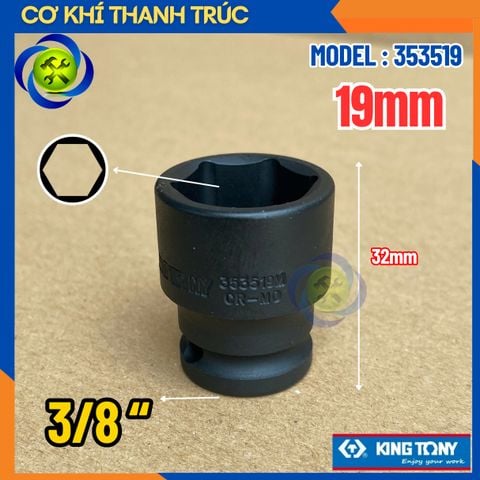 Tuýp 19mm Đầu Vuông 3/8 Kingtony 353519M Dài 32mm 6 Cạnh Thép CR-MO