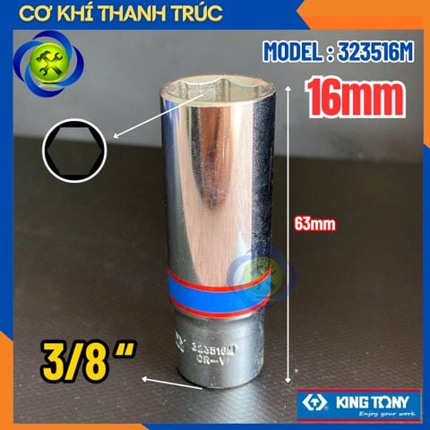 Tuýp 16mm Đầu Vuông 3/8 Kingtony 323516M Dài 63mm 6 Cạnh Thép CR-V