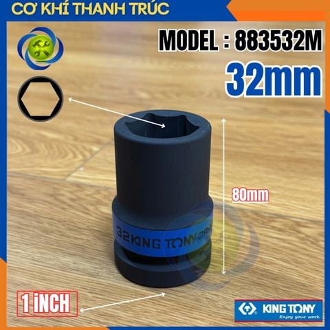 Tuýp 32mm Đầu Vuông 1 Inch Kingtony 883532M Dài 80mm 6 Cạnh Thép CR-MO