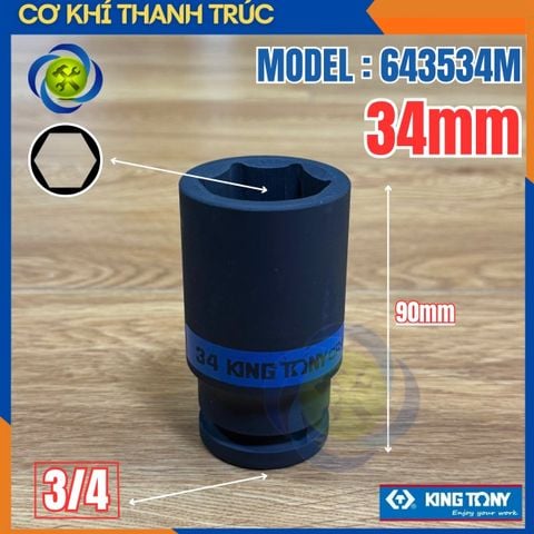 Tuýp 34mm Đầu Vuông 3/4 Kingtony 643534M Dài 90mm 6 cạnh thép CR-MO