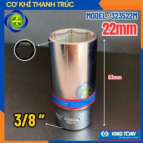 Tuýp 22mm Đầu Vuông 3/8 Kingtony 323522M Dài 63mm 6 Cạnh Thép CR-V