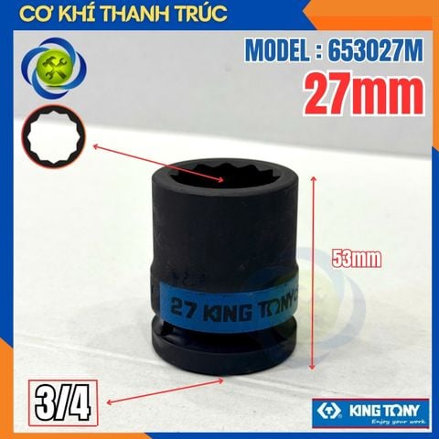 Tuýp 27mm Đầu Vuông 3/4 Kingtony 653027M Dài 53mm 12 cạnh thép CR-MO